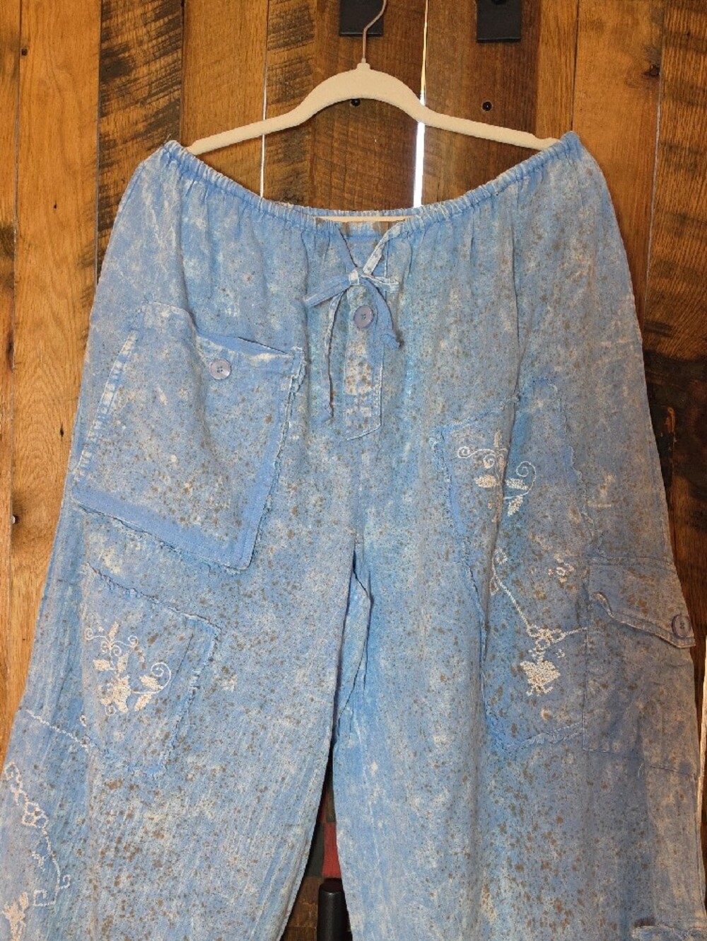 147p Genie Cross Stitch Pants Light Blue Women's Wide-Leg Cargo Linen Pants - Picture 4 of 16